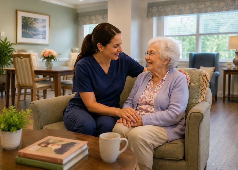 Caring staff with resident at The Waters of Gainesboro